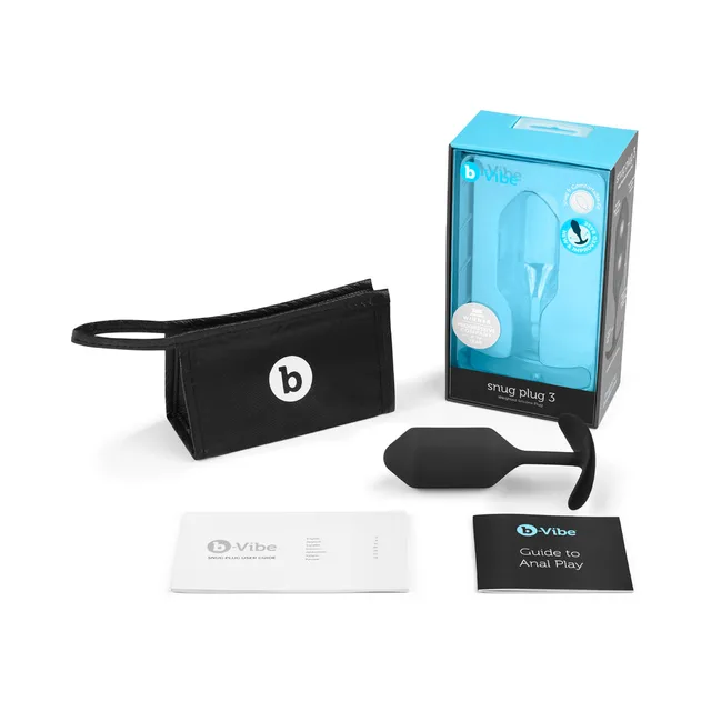 Black b-Vibe Snug Plug 3 with pouch, box and printed guides