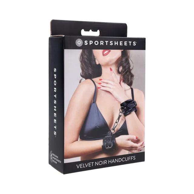 Sportsheets Velvet Noir black handcuffs with chain in box