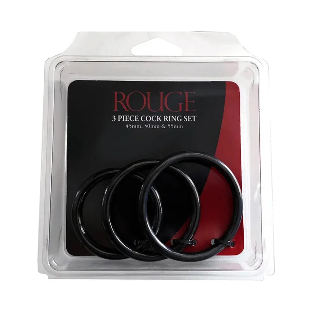 Rouge Garments black stainless steel three-ring set inside clear front retail package