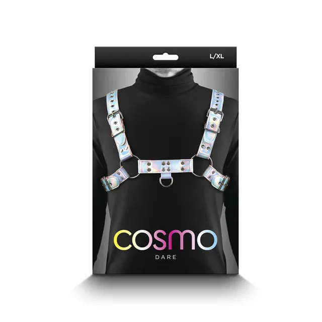 Cosmo Dare rainbow chest harness in black retail box