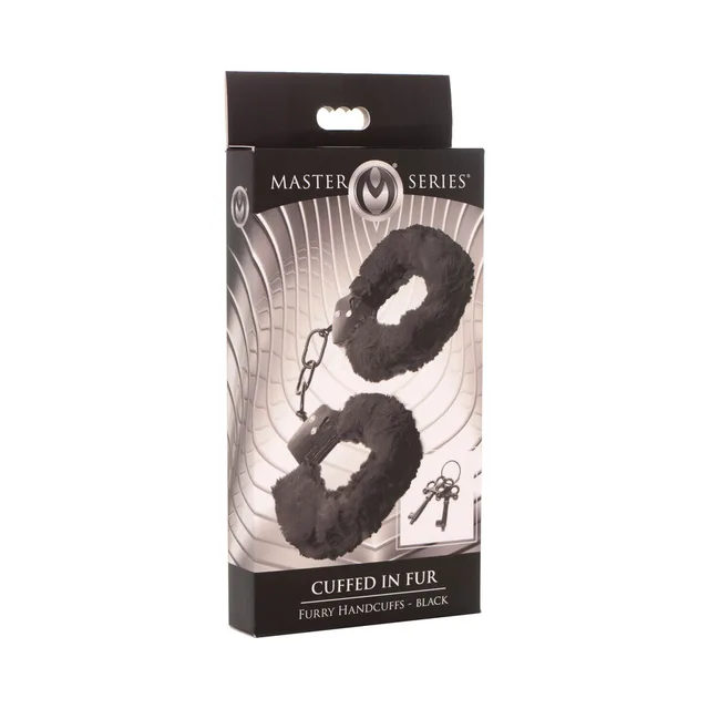 black faux-fur Master Series metal handcuffs with chain and two keys on box