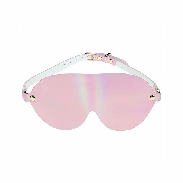pink bonded-leather blindfold with contoured eye panel and buckle strap