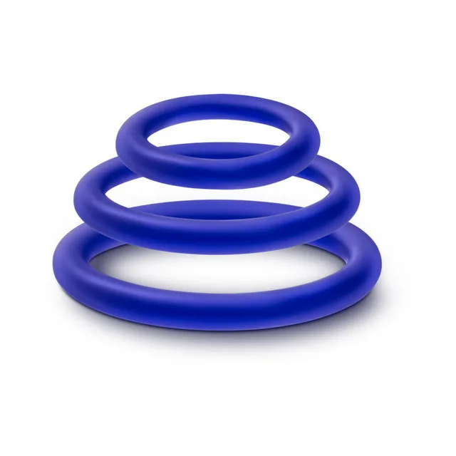 Three indigo Performance VS4 rings stacked by size