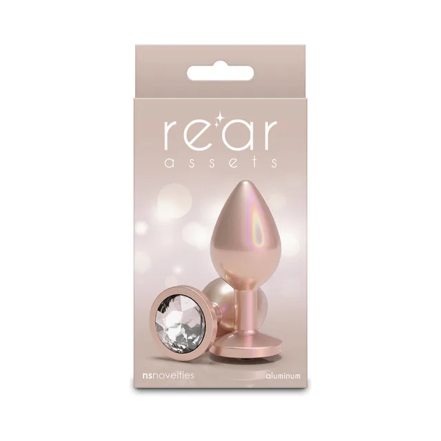 Medium champagne Rear Assets aluminum plug with clear jewel base on box