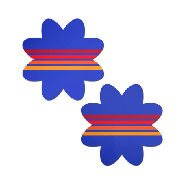 Pastease blue retro stripe petal breast pasties matching royal blue pair with narrow red and orange bands