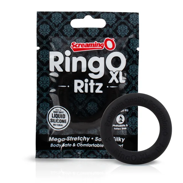 Black Screaming O RingO Ritz XL silicone ring beside retail package