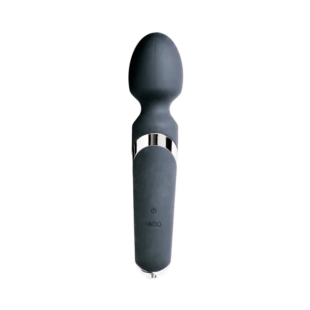 Black VeDO Wanda wand vibrator upright with rounded head and silver collar