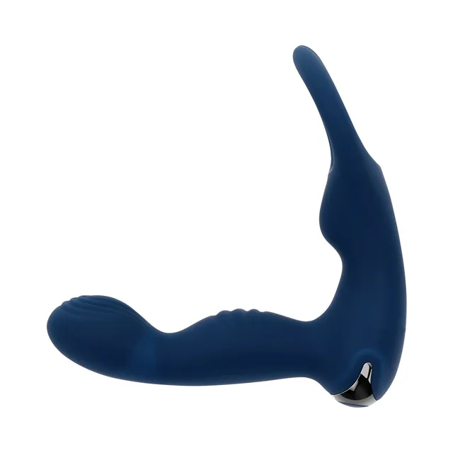 Zero Tolerance By All Means blue remote prostate vibrator left side view with curved shaft and open ring
