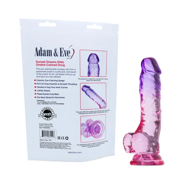 Adam & Eve Sunset Dreams 7.5-inch dildo beside rear bag panel with diagrams