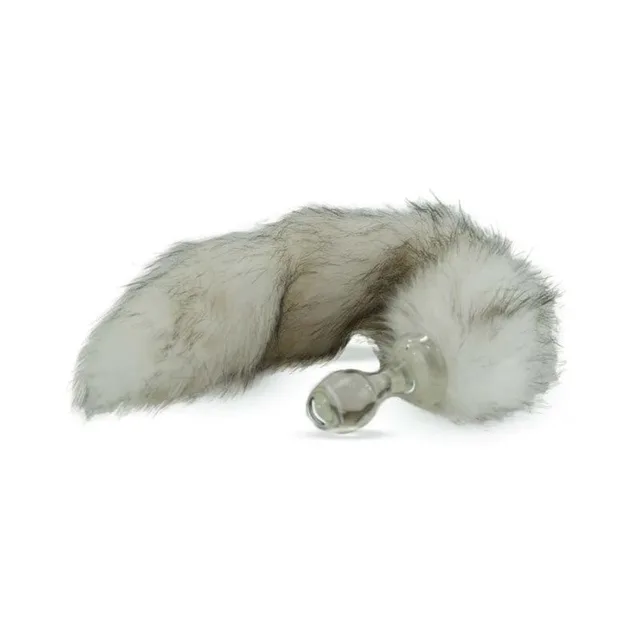 clear glass plug attached to cream-and-grey Husky-style faux tail
