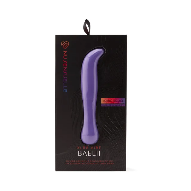 Nu Sensuelle Baelii XLR8 purple vibrator displayed in black window box