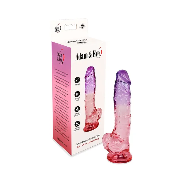 Adam and Eve Sunset Dreams 8.5-inch dildo beside retail box