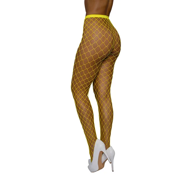 Dreamgirl yellow high-waist fence-net pantyhose rear-side leg view