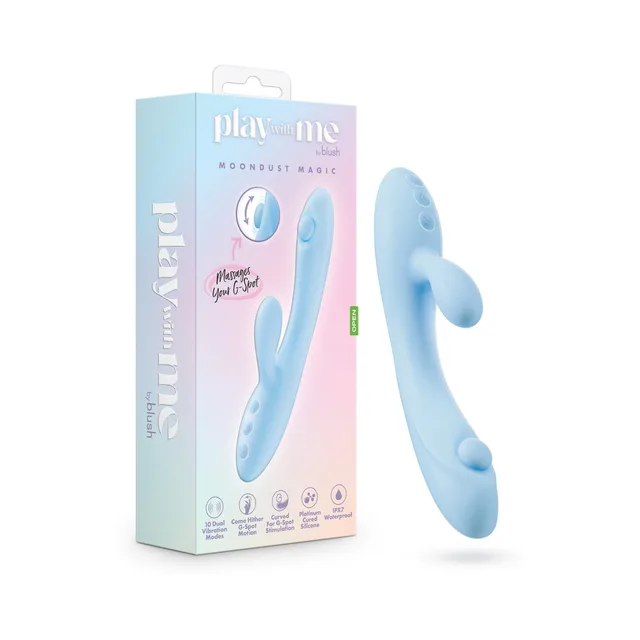 Blush Play With Me Moondust Magic blue vibrator beside pastel blue retail box