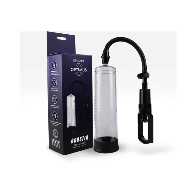 Camtoyz Boostia clear manual penis pump beside dark blue retail box