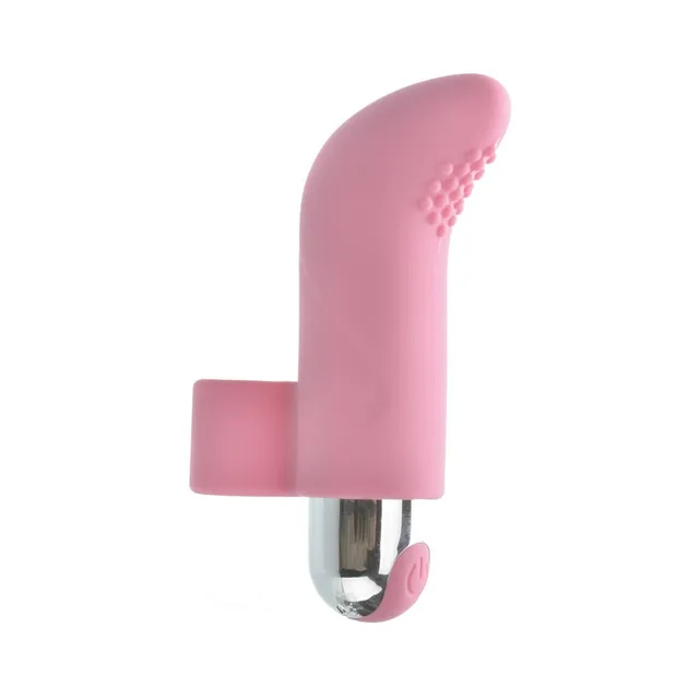 Adam & Eve pink rechargeable silicone finger vibrator assembled curved sleeve and silver-tone bullet
