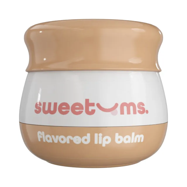 Front view of rounded Sweetums Peach Lip Balm jar with peach-tan lid