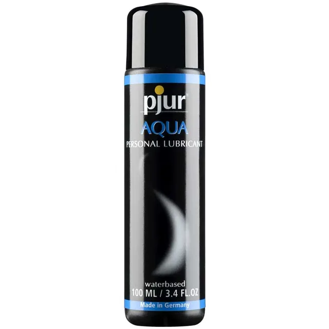 Pjur Aqua 3.4 oz water-based lubricant in tall black bottle