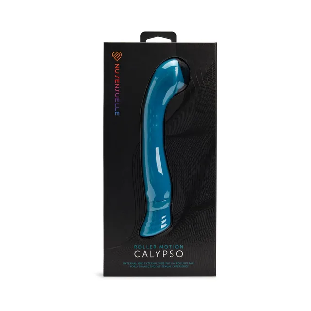 deep turquoise Nu Sensuelle Calypso curved vibrator displayed inside a black box