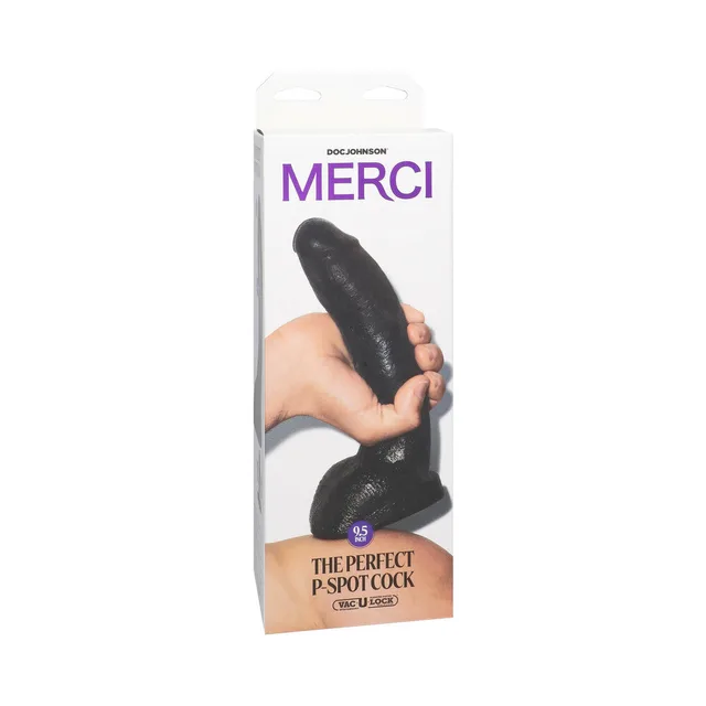curved black Merci Perfect P-Spot Cock in tall white retail box