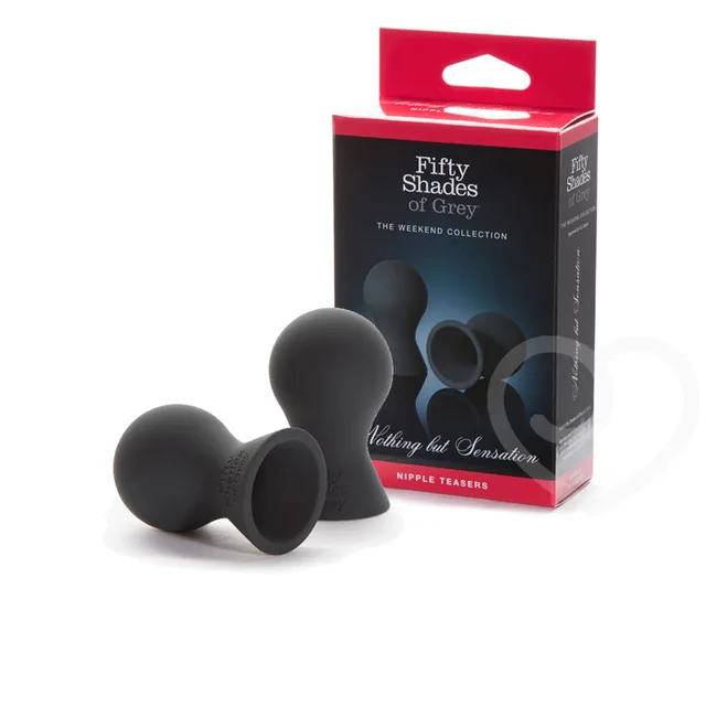 Fifty Shades Nothing But Sensation Teasers two black silicone cups beside black red retail carton