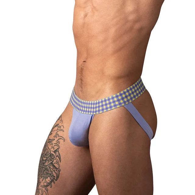 Male Power So Cumfy purple gingham jockstrap size S/M front view worn with a solid pouch and gingham waistband