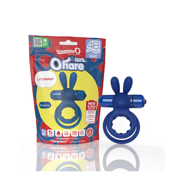 Screaming O Ohare blue rabbit ring beside retail pouch