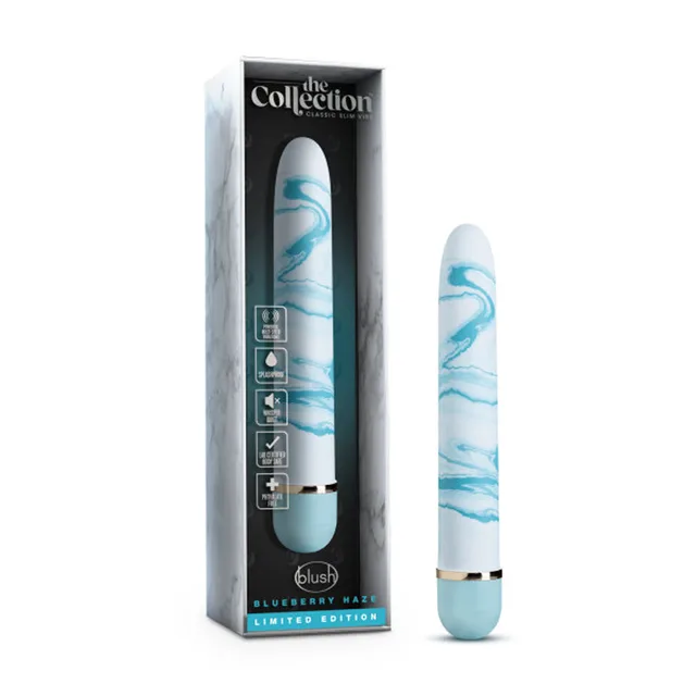 The Collection Blueberry Haze blue marble vibrator beside Blueberry Haze retail box