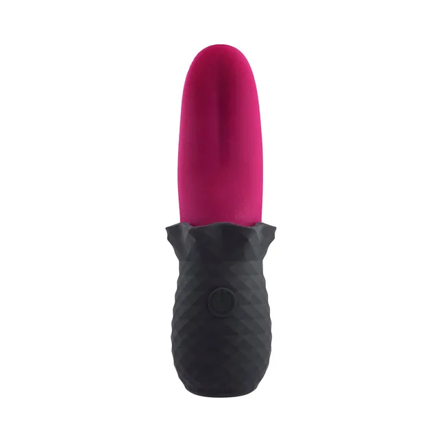 front view of pink tongue vibrator with black diamond-textured grip