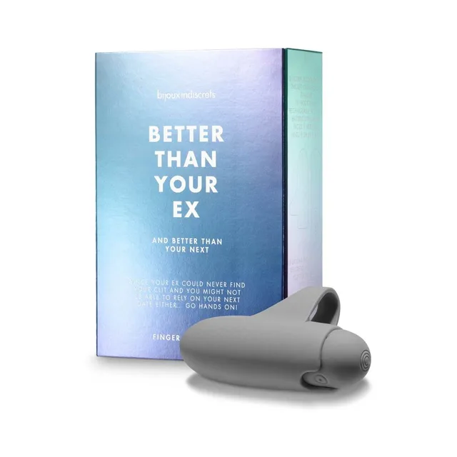 Clitherapy Better Than Your Ex gray finger vibrator beside blue gradient retail box