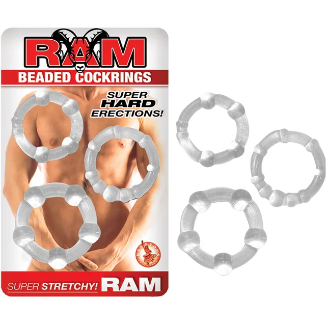 Nasstoys RAM Clear Beaded Rings three clear beaded rings beside red white hanging card