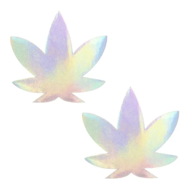 Pair of holographic Neva Nude weed leaf pasties with iridescent finish