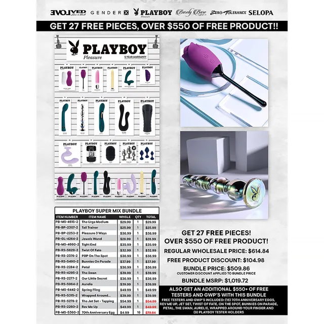 Playboy PBP 500 bundle catalog sheet with assorted products and merchandising formats