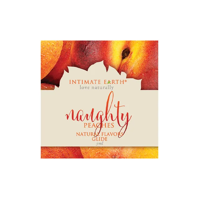 Intimate Earth Naughty Peaches 3 ml foil packet with peach imagery, cream panel and orange lettering