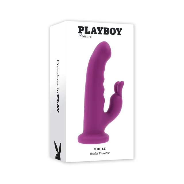 Playboy Fluffle rabbit vibrator pictured upright on white retail box