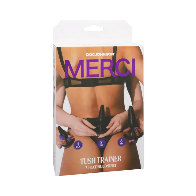 Merci Tush Trainer three-piece black silicone plug set in white retail box