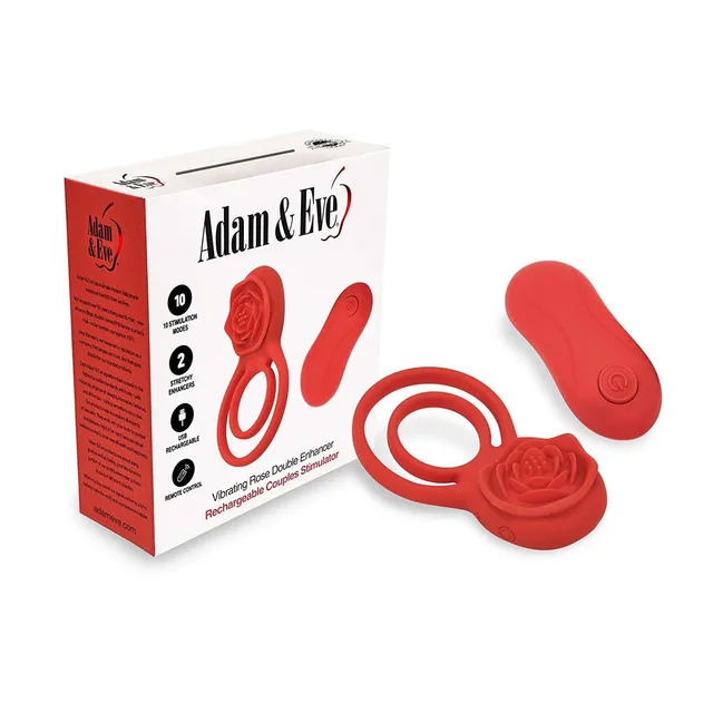 Adam & Eve red double-ring rose cock ring, controller and box