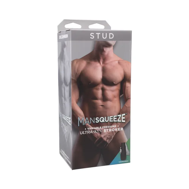 Doc Johnson Main Squeeze Stud vanilla stroker beside clear portrait retail box
