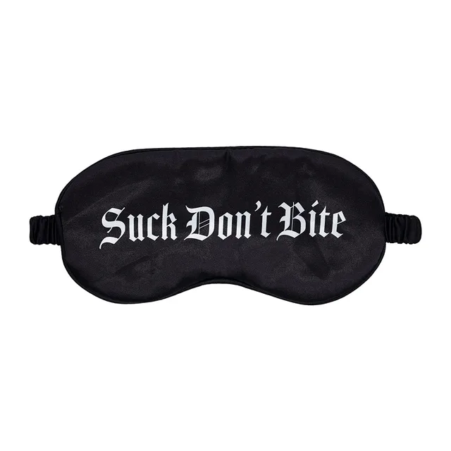 Black Ouch satin blindfold printed with Suck Don't Bite text