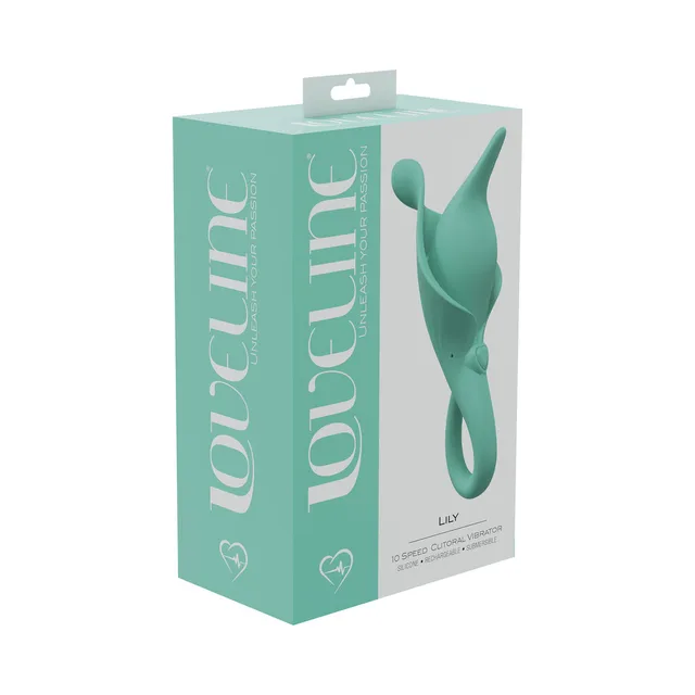 green LoveLine Lily curved twin-arm vibrator pictured on aqua box