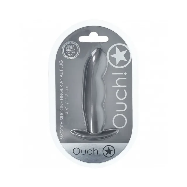 Shots Ouch gunmetal finger-shaped silicone plug plug sealed in gray oval blister pack