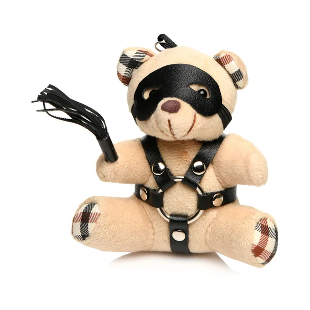 tan BDSM teddy bear keychain wearing black mask harness and holding whip