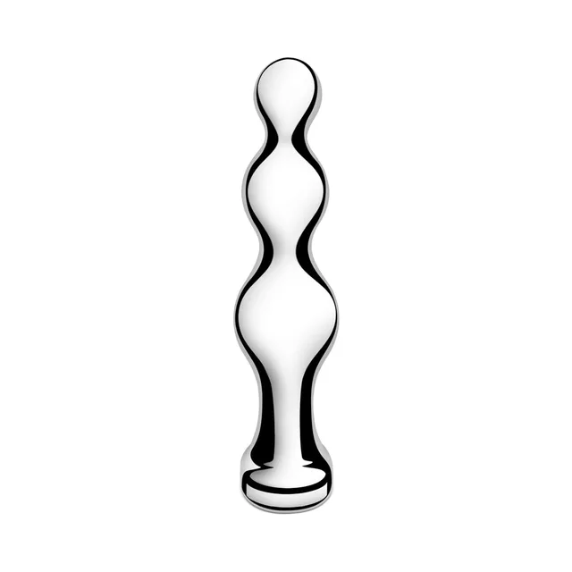 b-Vibe polished stainless steel graduated anal beads upright front view