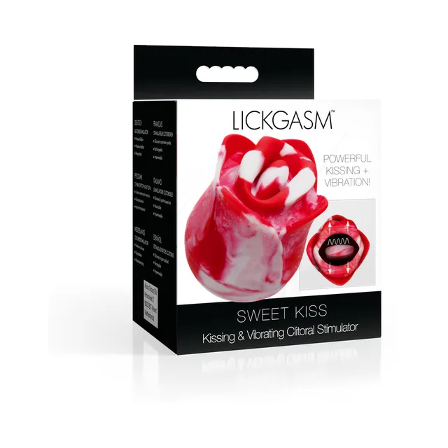 Lickgasm Sweet Kiss red-and-white swirl rose vibrator in retail box