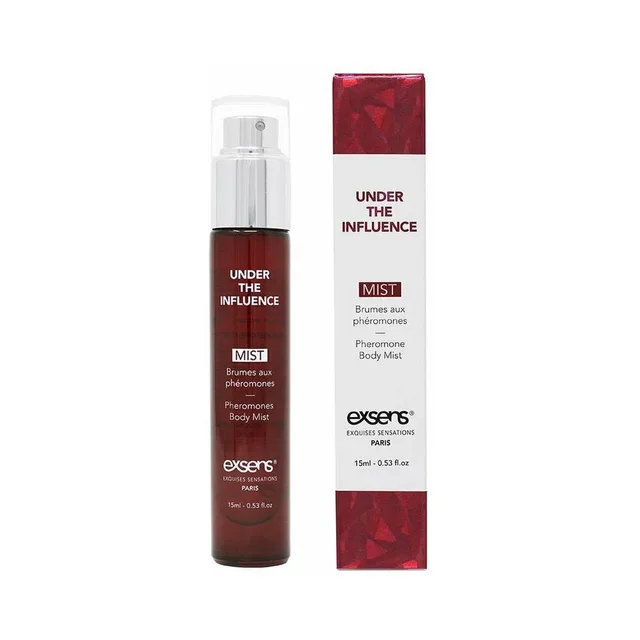 dark Exsens Under the Influence pump mist bottle beside red patterned carton