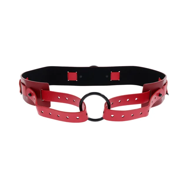 Front curved view of red restraint belt with black lining and center O-ring