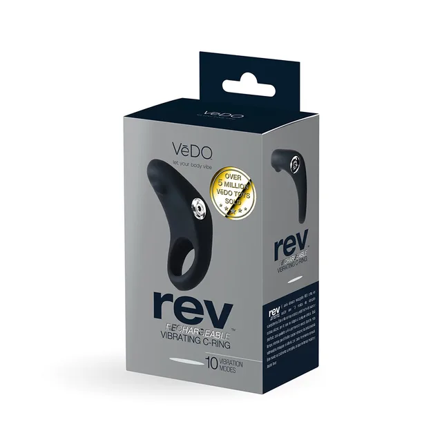 black VeDO Rev vibrating C-ring in gray and black retail box
