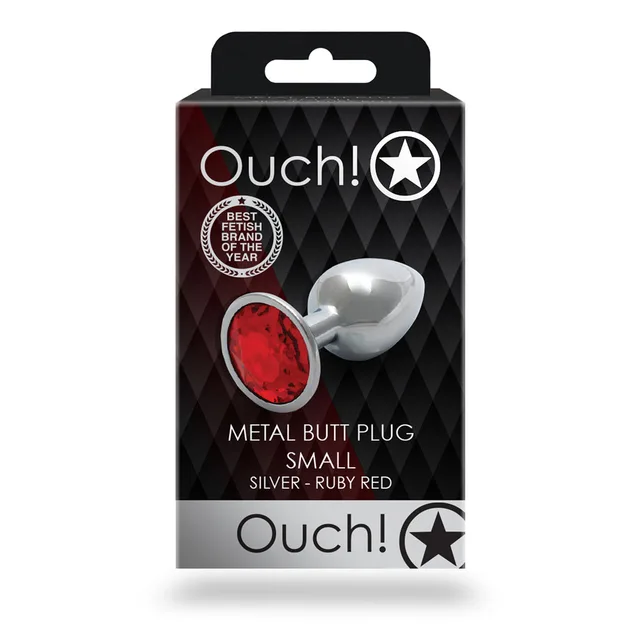 Shots Ouch small silver metal butt plug with round ruby red gem angled front retail package