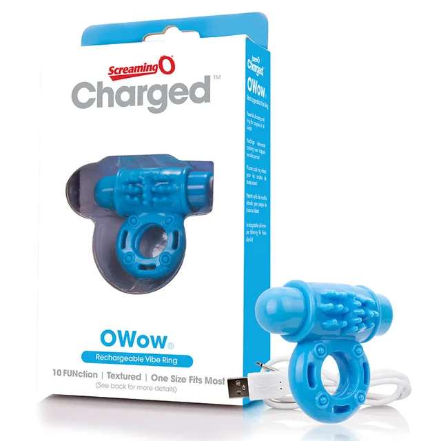 Screaming O Charged OWow Blue Vibrating Ring beside white blue retail carton and USB cable