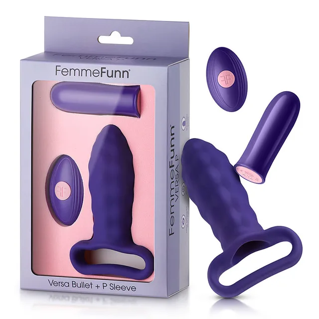 Dark purple FemmeFunn Versa P bullet, textured sleeve and remote